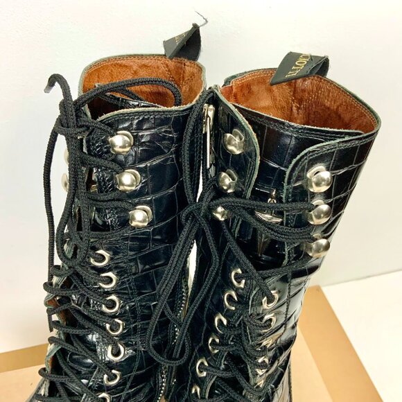 Cesare Paciotti Y2K Black Leather Embossed Croc Lace Up Combat Boots Sz 7 - Picture 4 of 16